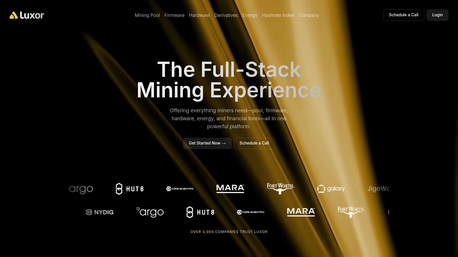 A view of the Luxor Mining dashboard, showing hashrate analytics, revenue tracking, and worker management tools.
