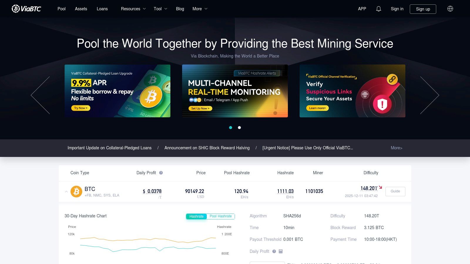A screenshot of the ViaBTC dashboard, showcasing hashrate charts, worker status, and earnings, illustrating its comprehensive monitoring tools for beginner miners.