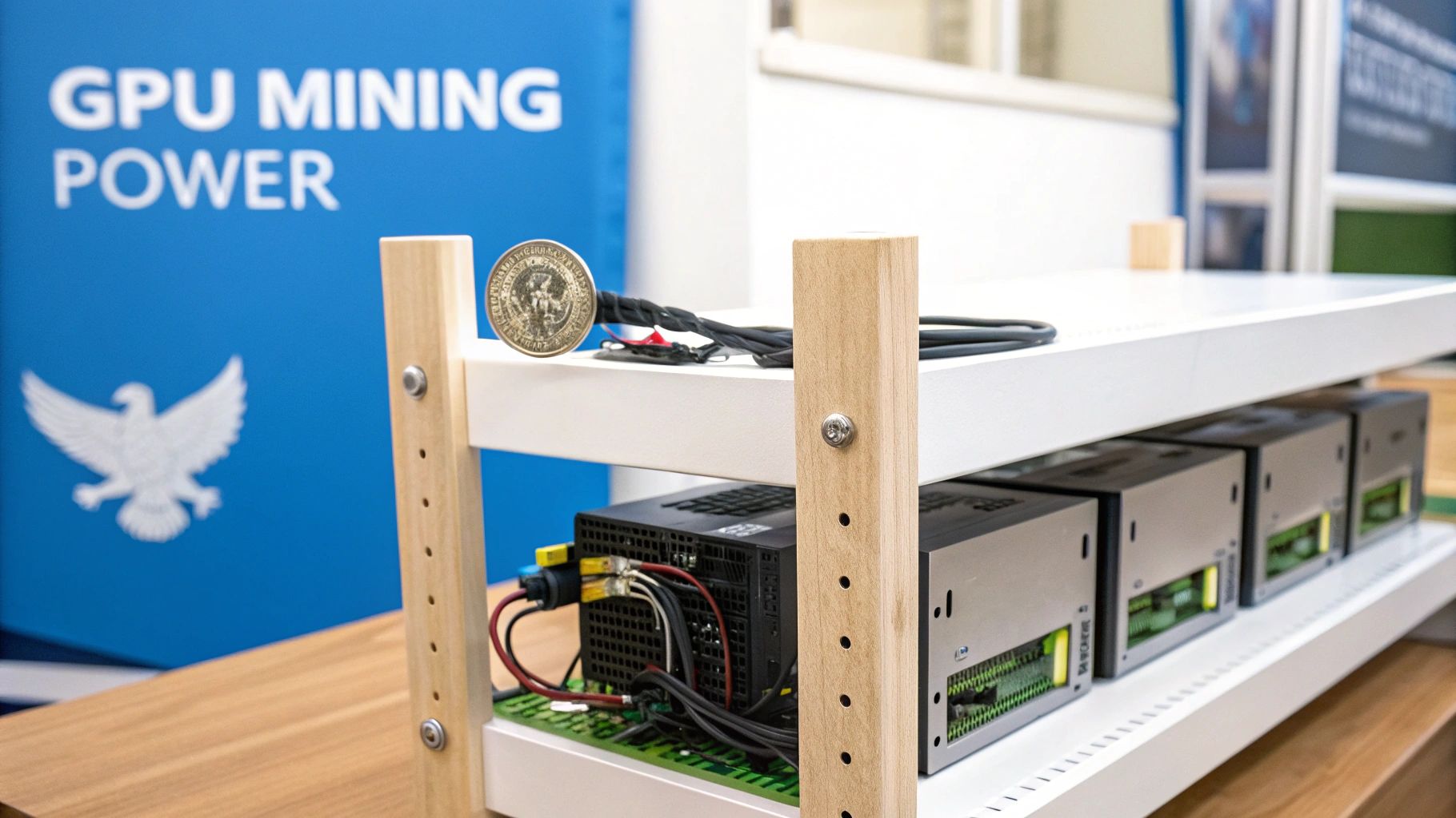 A cryptocurrency mining rig with several GPU machines on a shelf, 'GPU MINING POWER' banner in background.