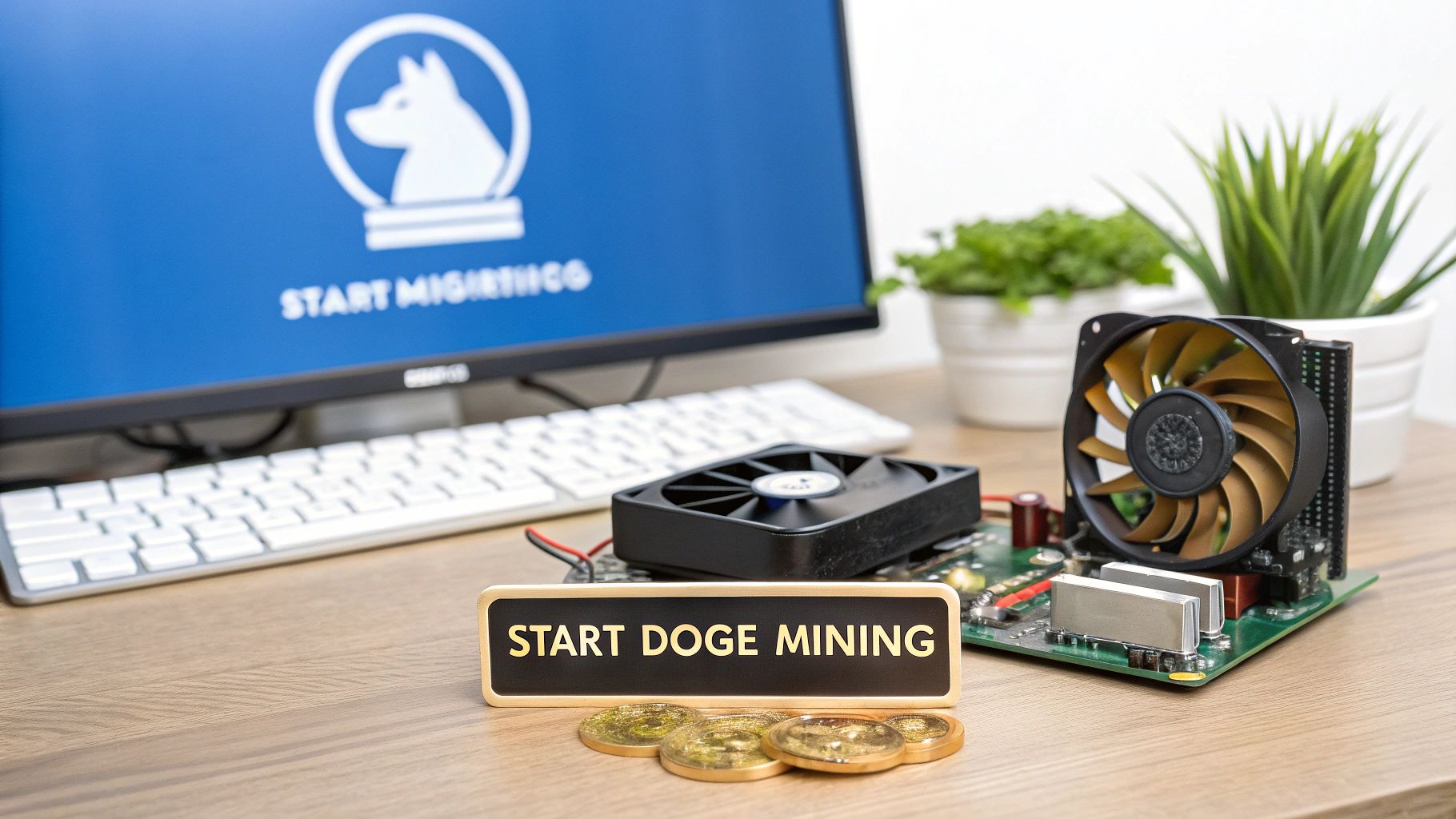 A desktop setup for Dogecoin mining, with a monitor displaying a doge logo, a 'START DOGE MINING' sign, gold coins, and hardware.