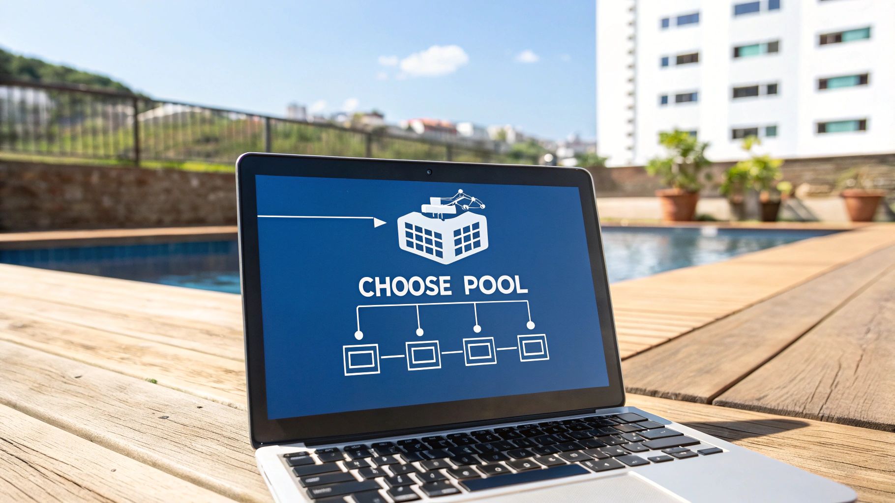 Laptop on a wooden deck by a pool, screen showing 'CHOOSE POOL' for mining.