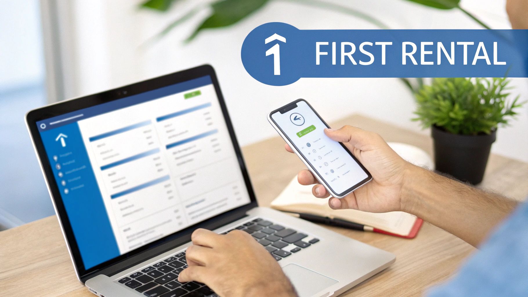 Person manages properties online with a laptop and smartphone, showcasing a rental application.